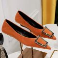2024 Women 1cm Low Heels Velvet Beige Flats Female Glitter Metal Buckle Pointed Toe Low Heels Lady Versatile Office Daily Shoes. 