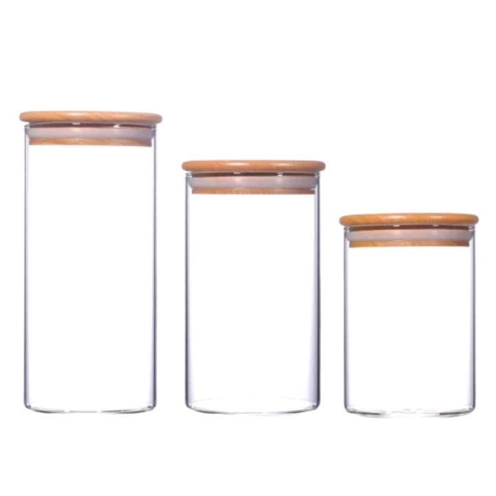 3 Set Of Small Medium Big Size Glass Storage Jar Canister Set with Bamboo Lid