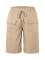 Plus Size Women's Beige Casual Drawstring Cargo Shorts Comfortable Summer Bottoms.