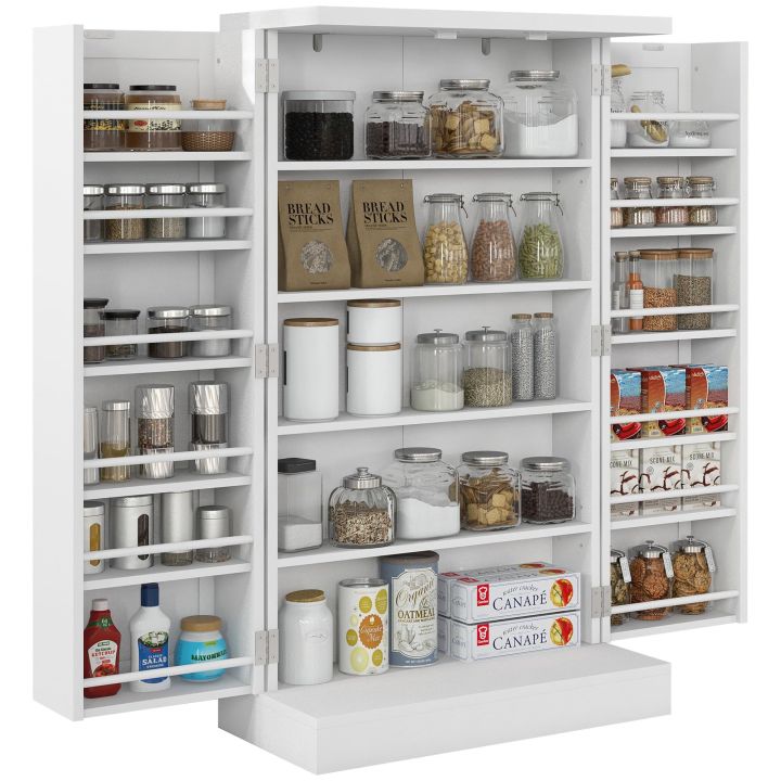 41" Kitchen Pantry Storage Cabinet, Freestanding Kitchen Cabinet with 12 Door Shelves, Double Doors, 5-Tier Shelving and Adjustable Shelves, Painted White