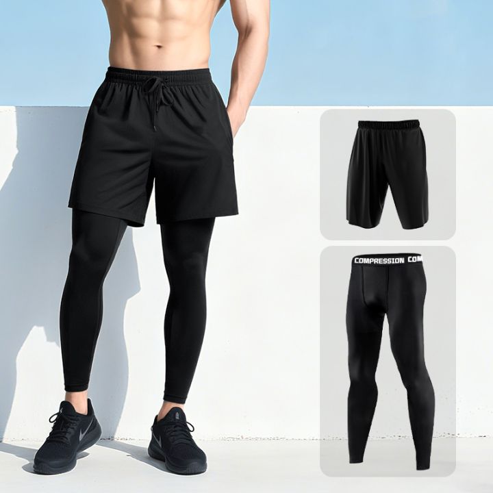 Men's Compression Pants with Shorts Gym Running Workout Leggings High Elasticity Quick-Dry Training Pants