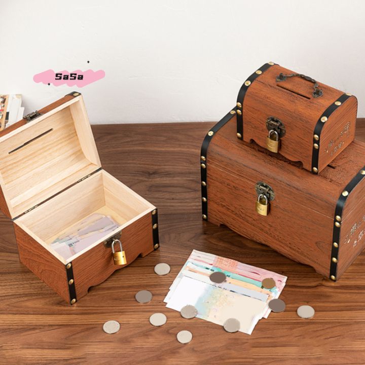 1 Set Vintage Wooden Treasure Chest Set with Lock - Storage Box Piggy ...