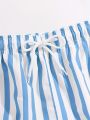 Men's Light Blue & White Striped Swim Shorts with Elastic Drawstring Waist Breathable Quick-Dry Summer Outdoor Activities. 