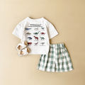 Summer 2Pcs Newborn Baby Boys Clothes Set Girls Suit Casual Dinosaur Printed T-shirt+Checkered Shorts Infant Toddler Outfit 0-3Y.