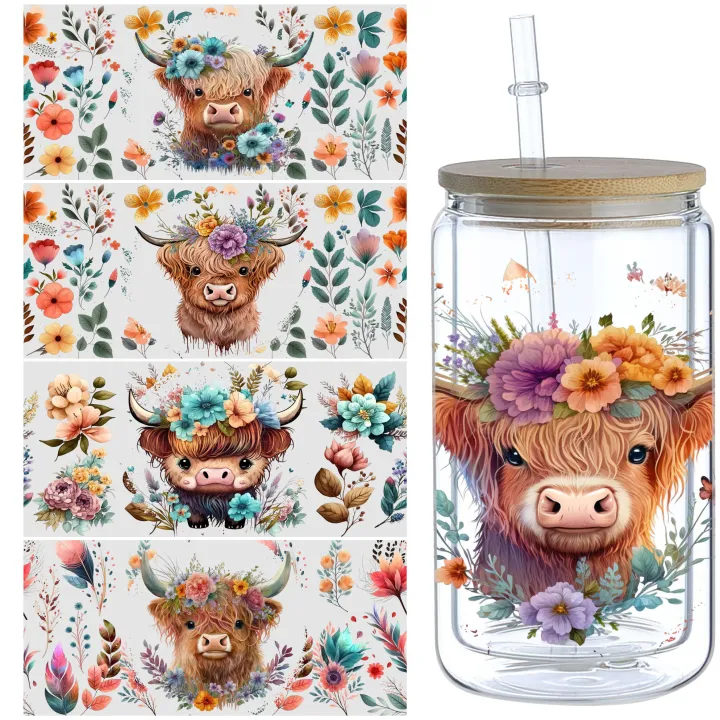 5 Sheets Cow UV DTF Mug Stickers, Glass DTF Transfer Stickers, Waterproof Wipe Transfer Paper for 16oz Glass, Mug, Crafts, Furni