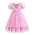 Girls Summer Mesh Dress Children Tulle Tutu Gown Kids Birthday A-Line Long Dresses 2025 Children Print Bow Short-sleeve Clothing.