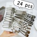 24Pcs/Set Y2K Silver Metal Hairpins for Women Girls Star Hair Clip Multiple Styles Seamless Duckbill Clip Girls Hair Accessoires.