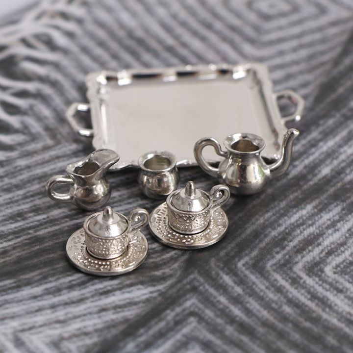 10Pcs/Set Dollhouse Miniature Silver Metal Tea Coffee Tray Tableware Set For Dollhouse Decoration