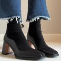 Spliced square Head High-end Chelsea Boots Women 2025 Autumn New French Style with Skirt Lightweight Thick Heel Short Boots.