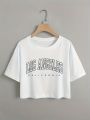 Letter Graphic Casual Crop Short Sleeve T-shirt Round Neck Running Sports Tee Women's Activewear.