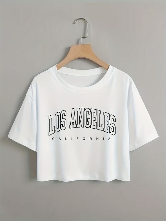 Letter Graphic Casual Crop Short Sleeve T-shirt Round Neck Running Sports Tee Women's Activewear