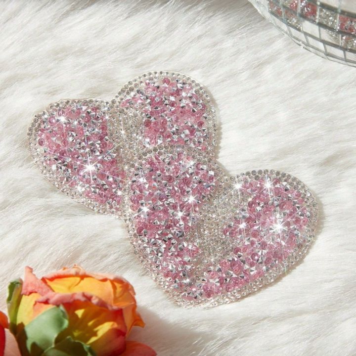 Reusable Silicone Nipple Covers Pink Heart Rhinestone Pasties Self-Adhesive Invisible Breast Petals Bra for Rave Festival Party