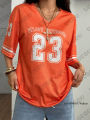 Orange Enjoy Freedom 23 Print T-Shirt For Women Summer New V-Neck Short Sleeve Sports Football Jersey Y2K Loose Oversized Tops. 