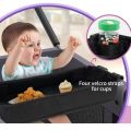 Double Sided Stroller Tray for Snacks & Activities Featuring Faux Leather Side for Eating, Polyester Side for Activities. 