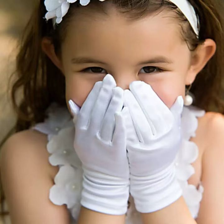 Creative White Children's Wedding Gloves Short Etiquette Dress Gloves Elastic Glossy Satin White Short Gloves Birthday Party