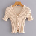 Ruffled Rib Knit Cardigan Short Sleeve Crop Top Y2K 90s Button-up Fitted Shirt Women Teen-girl Spring Summer 2026. 