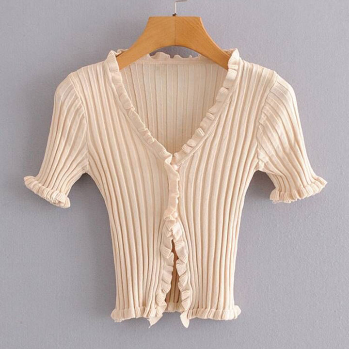 Ruffled%20Rib%20Knit%20Cardigan%20Short%20Sleeve%20Crop%20Top%20Y2K%2090s%20Button-up%20Fitted%20Shirt%20Women%20Teen-girl%20Spring%20Summer%202026%20-%20Image%206