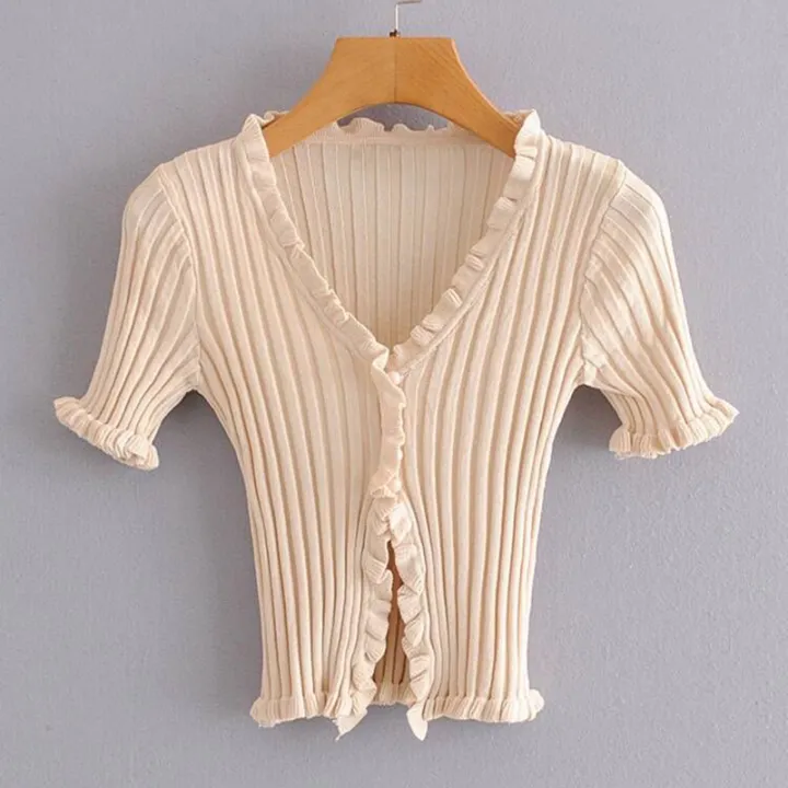 Ruffled%20Rib%20Knit%20Cardigan%20Short%20Sleeve%20Crop%20Top%20Y2K%2090s%20Button-up%20Fitted%20Shirt%20Women%20Teen-girl%20Spring%20Summer%202026%20-%20Image%206