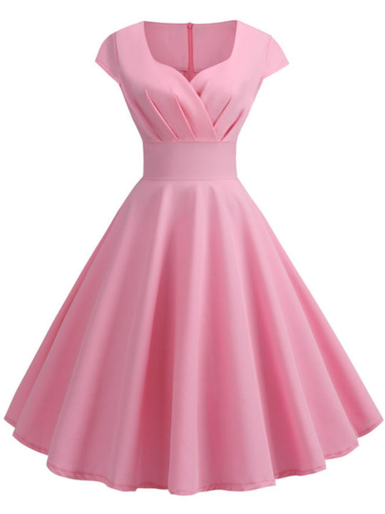 Pink Summer Dress Women V Neck Vintage Robe Elegant Retro Pin up Party Office Midi Dresses