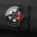 2PCS Fashion Men Sports Watches 3d Car Wheel Stainless Steel Band Wrist Watch Men's Quartz Watch Bracelet Set（Without Box）. 