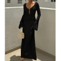 New Style Knitting Hollow Out V-Neck Long Sleeve Dress Ladies Beach Holiday Backless Bikini Cover-Ups Sunscreen Long Dress. 