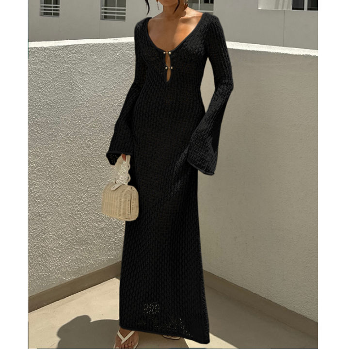New%20Style%20Knitting%20Hollow%20Out%20V-Neck%20Long%20Sleeve%20Dress%20Ladies%20Beach%20Holiday%20Backless%20Bikini%20Cover-Ups%20Sunscreen%20Long%20Dress%20-%20Image%204