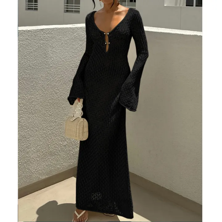 New%20Style%20Knitting%20Hollow%20Out%20V-Neck%20Long%20Sleeve%20Dress%20Ladies%20Beach%20Holiday%20Backless%20Bikini%20Cover-Ups%20Sunscreen%20Long%20Dress%20-%20Image%204