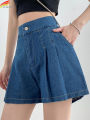 DFRCAEG 2024 Summer Plus Size Denim Shorts For Women High Elastic Waist Blue Or Sky Blue Pleated Mini Large Size Short Femme.