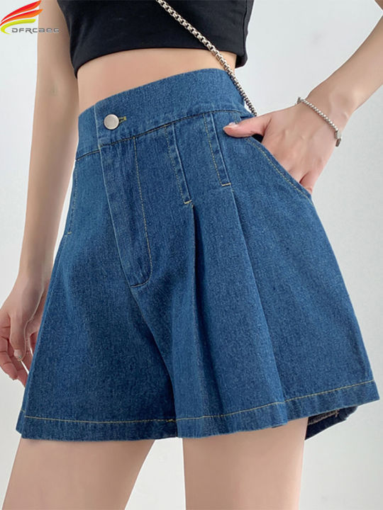 DFRCAEG%202024%20Summer%20Plus%20Size%20Denim%20Shorts%20For%20Women%20High%20Elastic%20Waist%20Blue%20Or%20Sky%20Blue%20Pleated%20Mini%20Large%20Size%20Short%20Femme%20-%20Image%202
