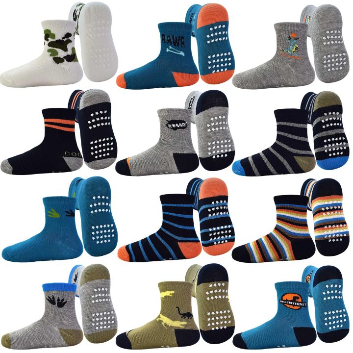 12 pairs of 0-7 years old boys' fun dinosaur anti-slip mid-calf socks, with a little  sole indoor antislip, comfortable