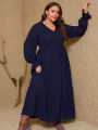plus Size Women's Pullover V-Neck Long Sleeve Dress Autumn 2025 Printed Loose Casual Fashion Best Choice for Autumn.