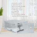 Clear shoe box, open storage box, front lid with 2 sizes. 