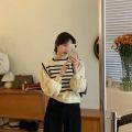 women Black and white striped fake two-piece knitted sweaters pring and autumn Korean soft glutinous pullover sweater female. 