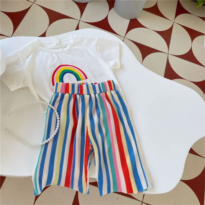 Kids Girls Sets Baby Summer Suit Children's Tops Bottoms Suit New Cute Short-Sleeved T-Shirt Rainbow Pleated Pants Two-Piece