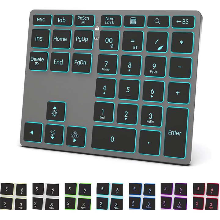 Tri-Mode Aluminum Numpad 7-Color LED Backlit, BT5.0/USB/2.4G Wireless Rechargeable Number Pad 35-Key Scissor Switches  ﻿keyboard