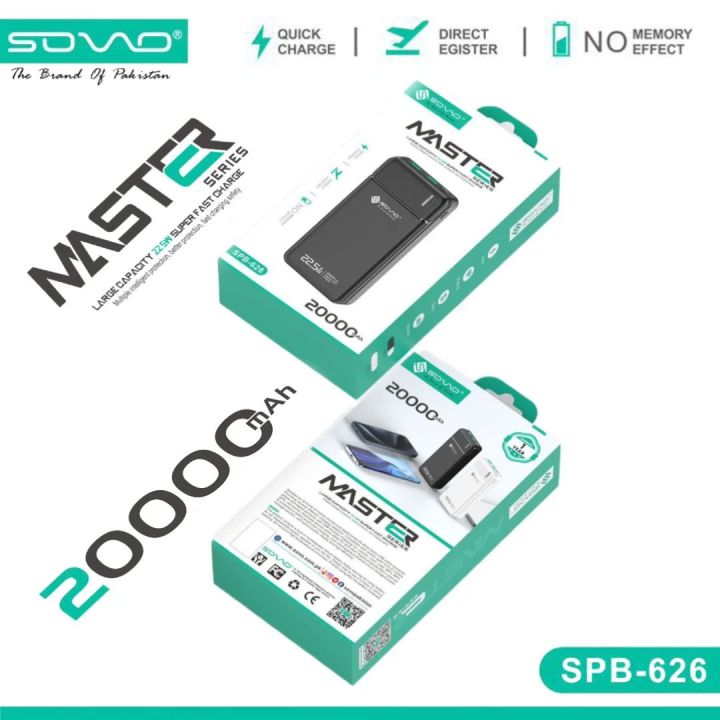 SOVO Master 20000mAh Power Bank – 22.5W Fast Charging Supported Portable Powerbank With Dual Ports & USB-C PD Support