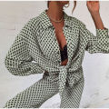 2022 Cross border Hot Edition Street Trendy Print Trouser Set Long Sleeve Full Screen Print Off Shoulder Shirt Set. 