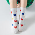Three Pairs of Girls' Socks for Spring and Autumn, Sweet and Versatile, with a Heart-Shaped Color Block Design. 