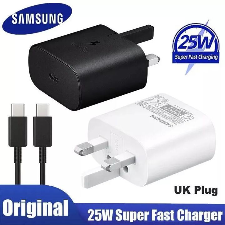 Original Samsung 25W UK Plug Super Fast Charger UK 3 Pin Usb Type C Cargador Cable For Galaxy Z Flip Fold 5 4 3 S24 S21 Note 20 10 Ultra A54 A70,50/A80/A80,A71,A72,A73,A51,A52,A53,A31,A32,A33,A04 ,A02s Samsung All Model Sported,