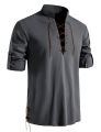 Men's retro tie copper hole beaded shirt, medieval Viking hippie style long-sleeved top, Halloween costume, role-playing costume.