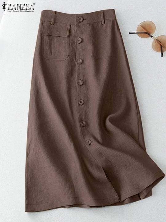 ZANZEA%20%20Elegant%20Cotton%20Midi%20Skirts%20Casual%20Button%20Up%20A-line%20Skirt%20Women%20High%20Waist%20Jupe%202024%20Summer%20Solid%20Temperament%20Falda%20Mujer%20-%20Image%203