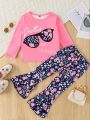 Spring Autumn Baby Girl's Collared Long Sleeve Top with Letter Print And Random Flower Long Pants Casual Two-Piece Set.