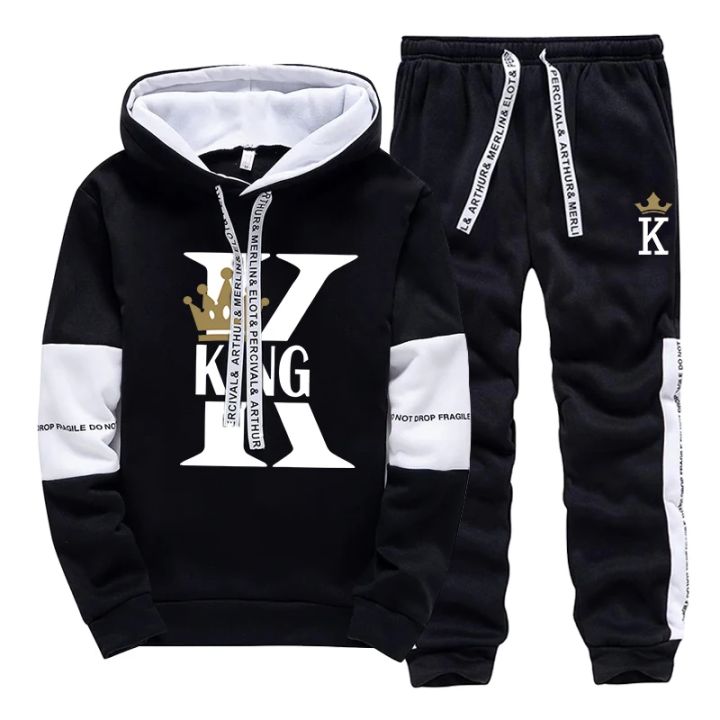 King Queen Printing Mens Womens Tracksuit Hot Sales Casual Hooded Sweatshirts Sweatpants 2 Pcs Set Home Street Couple's Clothing