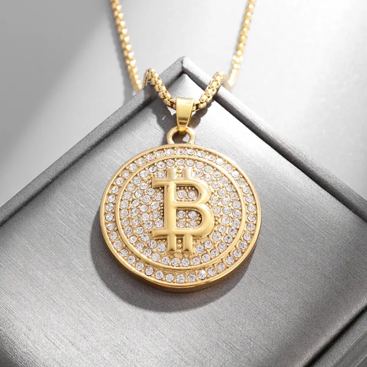 Bling Iced Out Bitcoin Pendant Necklace with Rhinestones for Men and ...