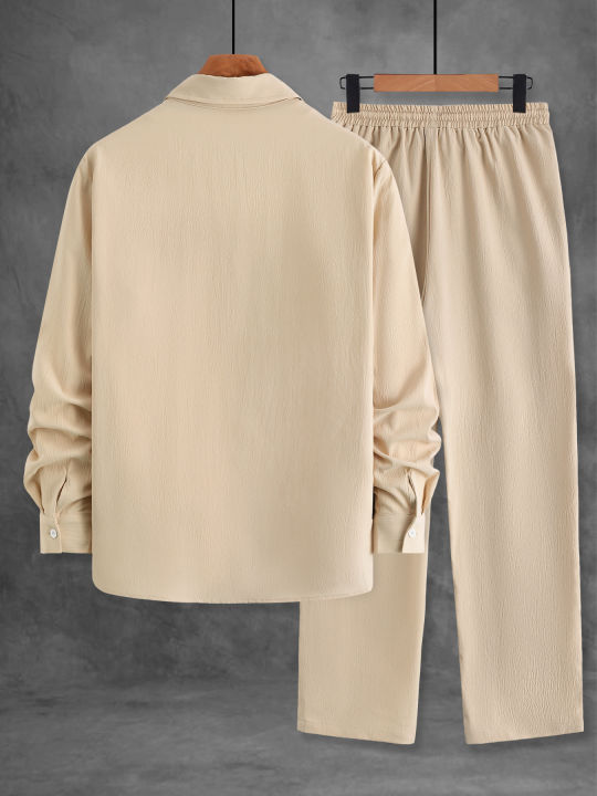 Men's%202%20Piece%20Textured%20Outfits,%20Beige%20Lapel%20Shirt%20&%20Drawstring%20Pants%20Set%20-%20Image%202