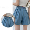 DFRCAEG 2024 Summer Plus Size Denim Shorts For Women High Elastic Waist Blue Or Sky Blue Pleated Mini Large Size Short Femme.
