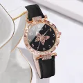 6PCS/Set Women's Watch Fashion Rhinestone Leather Band Quartz Watches Butterfly Jewelry Set(Without Box). 