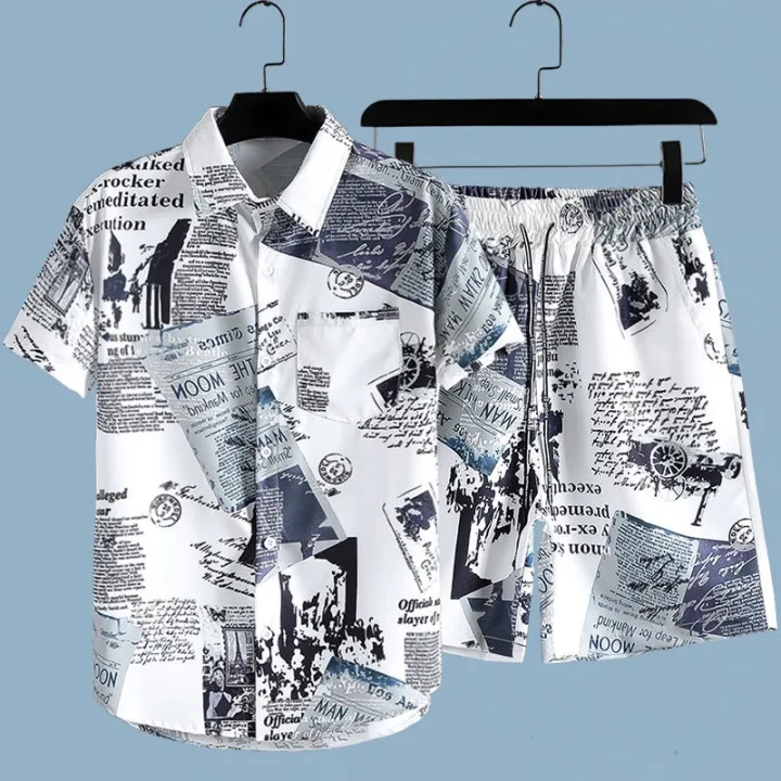 Newspaper%20Print%20Shirt%20and%20Shorts%20Set%20Men's%20Summer%20Beach%20Travel%20Thin%20Short%20Sleeve%20Loose%20Large%20Size%20Casual%20Suit%20-%20Image%202