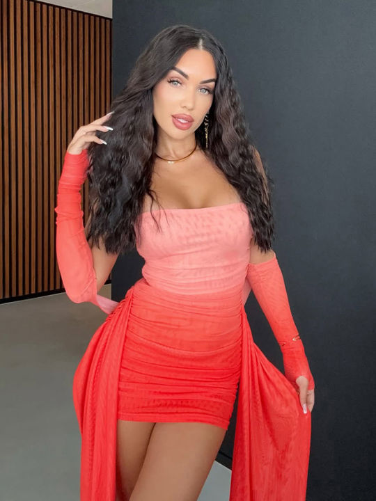 kliou%20Mesh%20Simple%20Women%20Mini%20Dress%20Fashion%20Solid%20Strapless%20Ribbons%20Tassel%20Body-shaping%20Vestidos+Seperately%20Full%20Sleeve%20Gloves%20-%20Image%205