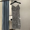 Elegant and Shiny Metal Women Feeling Party Dress Long Birthday 2023 New Winter. 